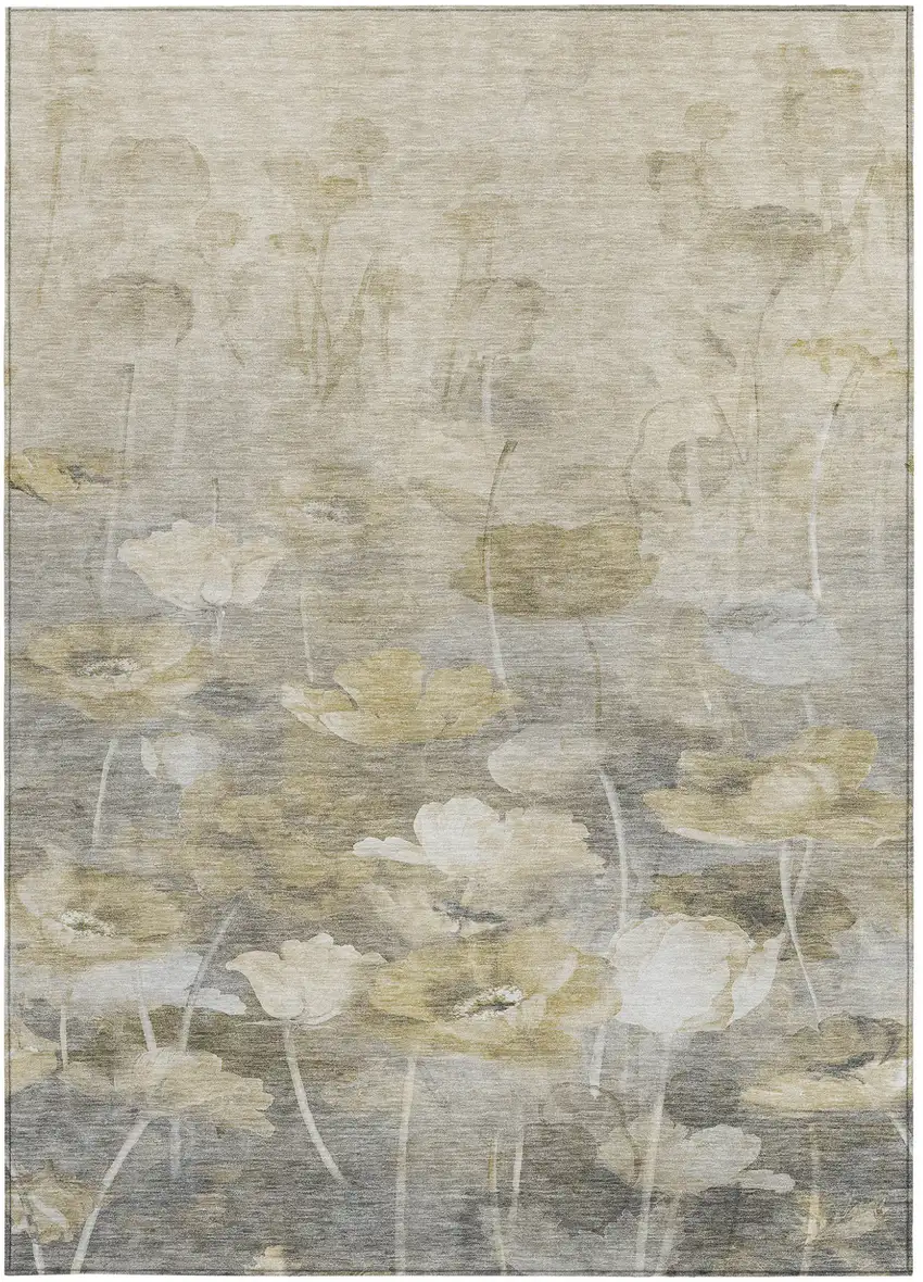 Beige Taupe And Wheat Floral Washable Indoor Outdoor Area Rug Photo 5