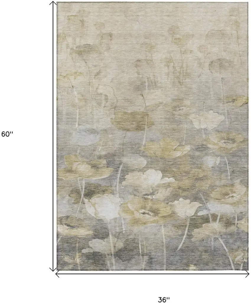 Beige Taupe And Wheat Floral Washable Indoor Outdoor Area Rug Photo 3