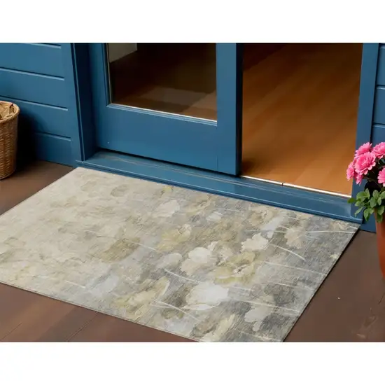 Beige Taupe And Wheat Floral Washable Indoor Outdoor Area Rug Photo 1