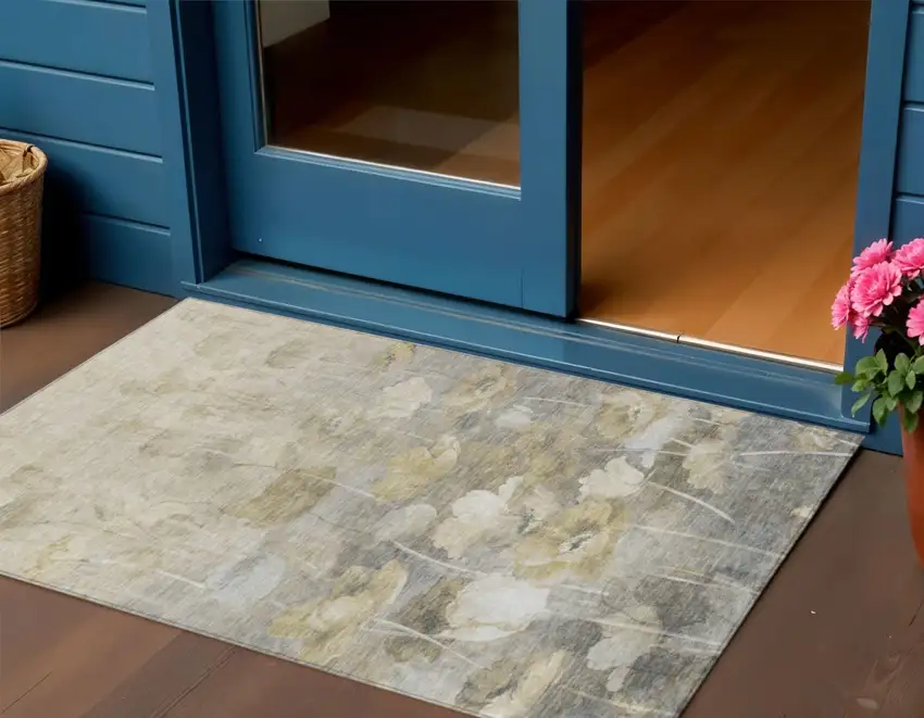 Beige Taupe And Wheat Floral Washable Indoor Outdoor Area Rug Photo 1
