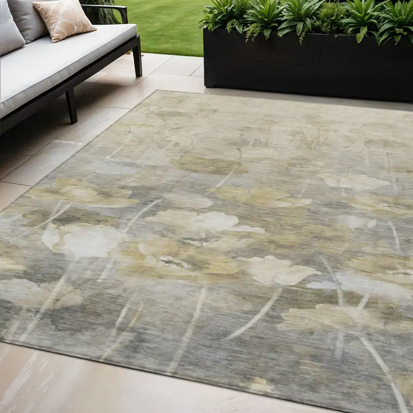 Beige Taupe And Wheat Floral Washable Indoor Outdoor Area Rug Photo 1