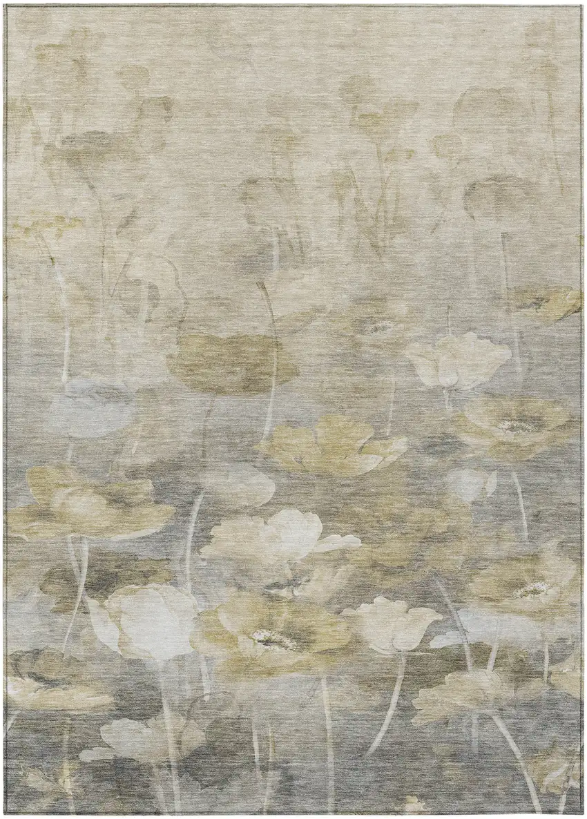 Beige Taupe And Wheat Floral Washable Indoor Outdoor Area Rug Photo 2