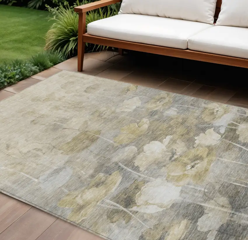 Beige Taupe And Wheat Floral Washable Indoor Outdoor Area Rug Photo 1