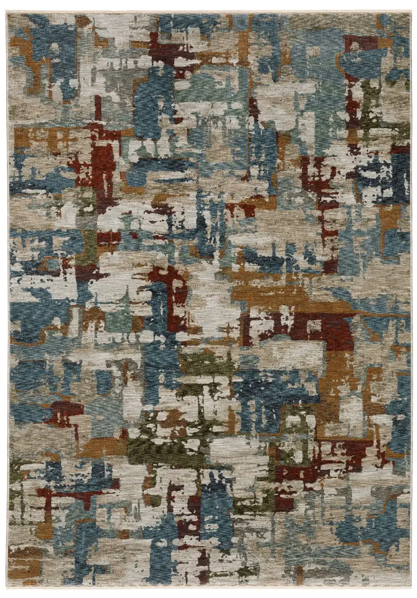 Beige Teal And Brown Abstract Area Rug With Fringe Photo 2