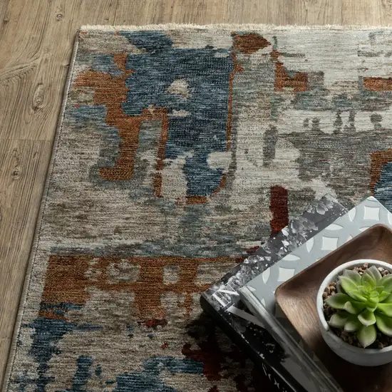 Beige Teal And Brown Abstract Area Rug With Fringe Photo 6