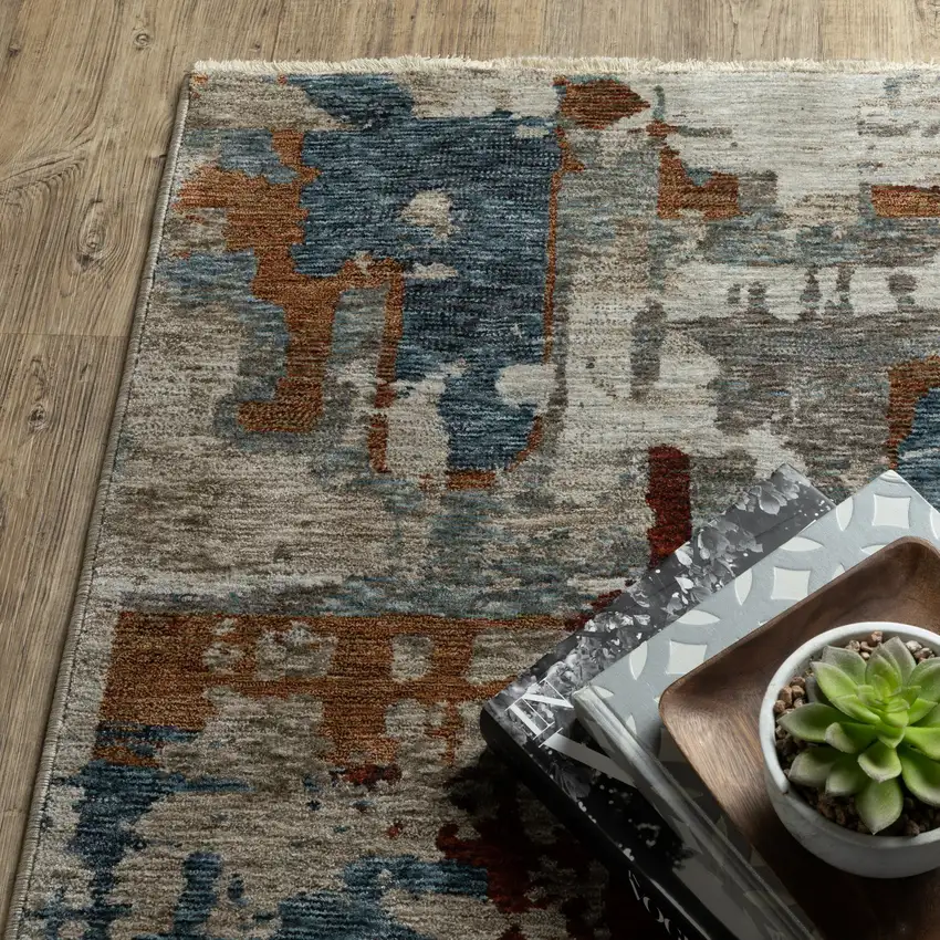 Beige Teal And Brown Abstract Area Rug With Fringe Photo 6