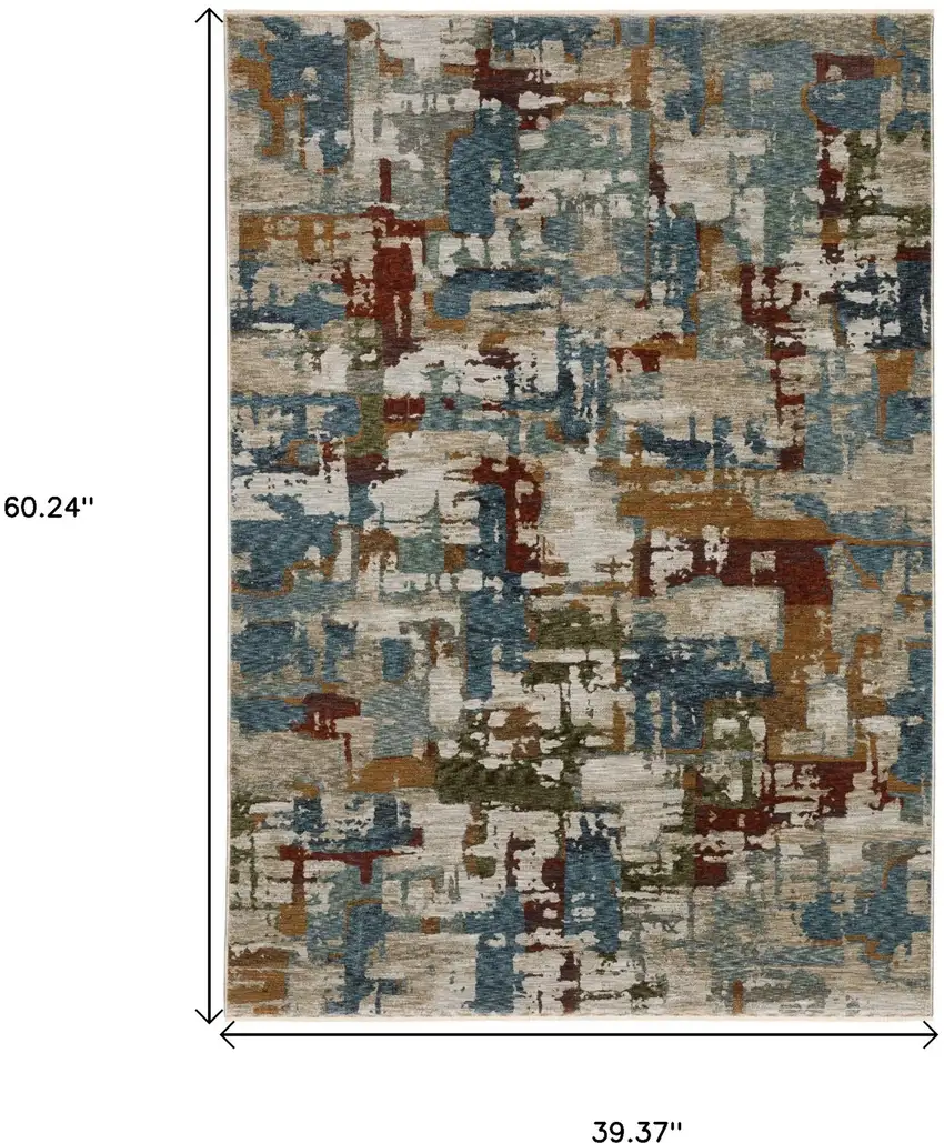 Beige Teal And Brown Abstract Area Rug With Fringe Photo 3