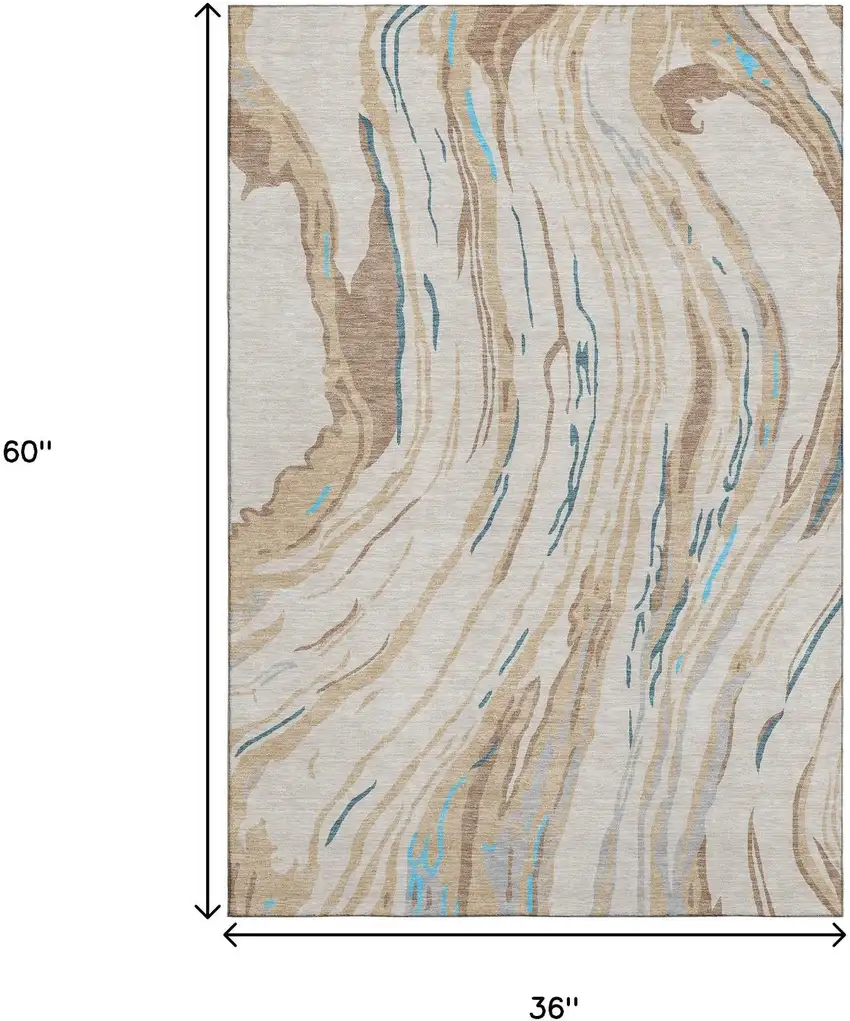 Beige Teal And Brown Abstract Washable Area Rug With UV Protection Photo 9