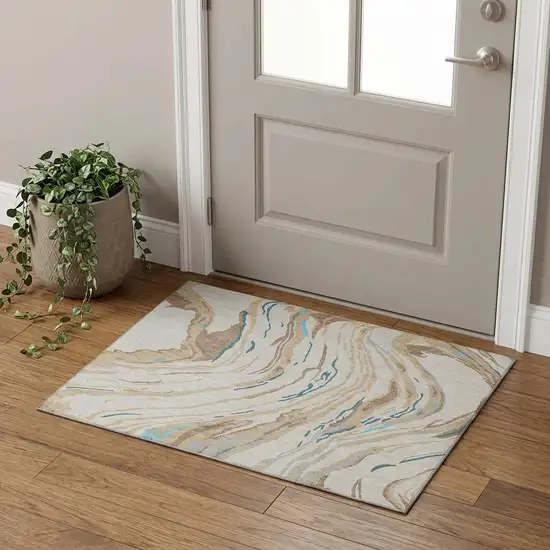 Beige Teal And Brown Abstract Washable Area Rug With UV Protection Photo 1