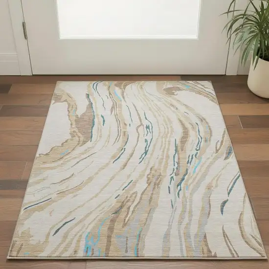 Beige Teal And Brown Abstract Washable Area Rug With UV Protection Photo 2