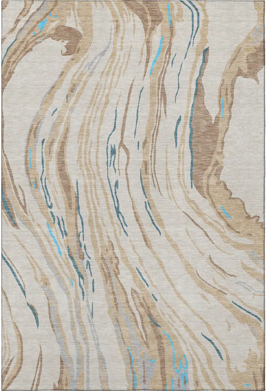 Beige Teal And Brown Abstract Washable Area Rug With UV Protection Photo 3