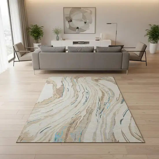 Beige Teal And Brown Abstract Washable Area Rug With UV Protection Photo 2