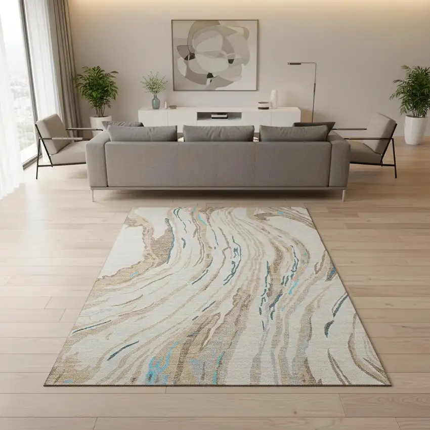 Beige Teal And Brown Abstract Washable Area Rug With UV Protection Photo 2