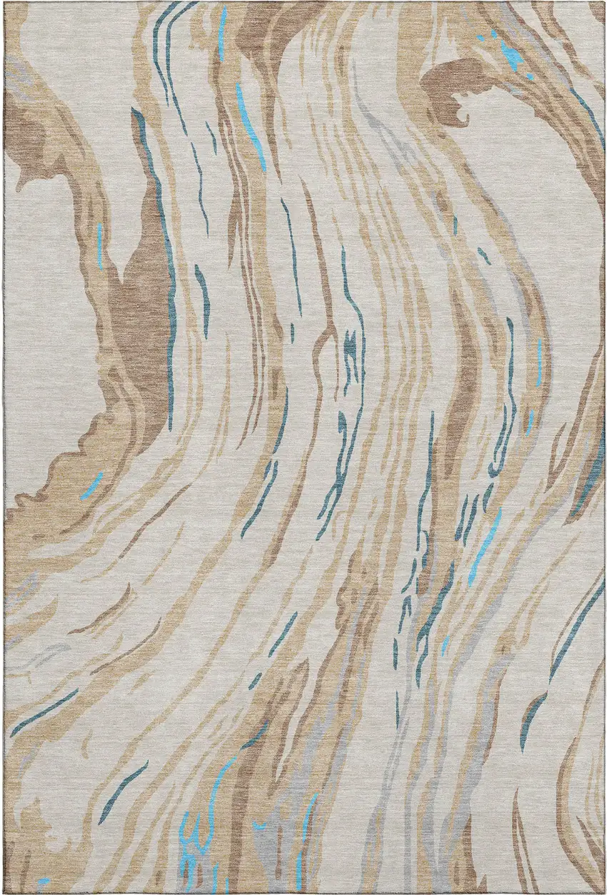 Beige Teal And Brown Abstract Washable Area Rug With UV Protection Photo 1