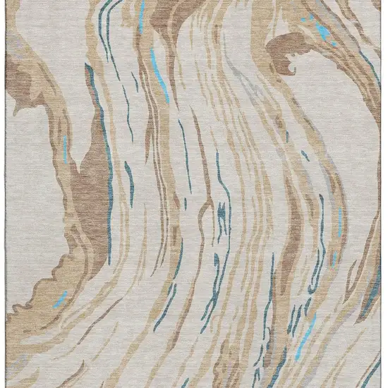 Beige Teal And Brown Abstract Washable Area Rug With UV Protection Photo 2