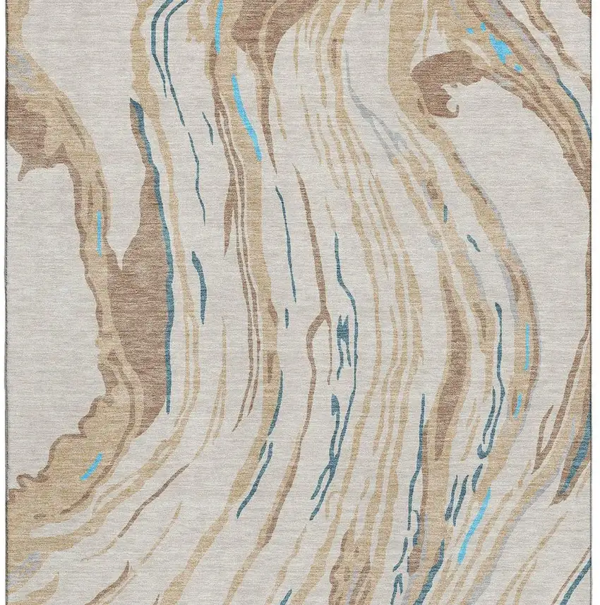 Beige Teal And Brown Abstract Washable Area Rug With UV Protection Photo 2