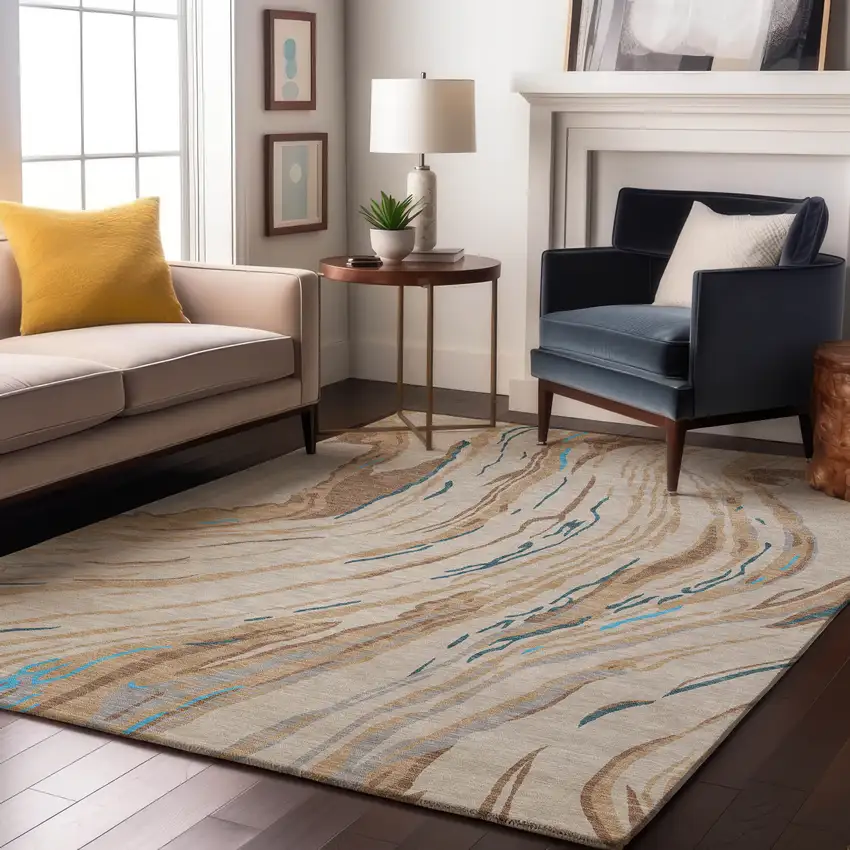 Beige Teal And Brown Abstract Washable Area Rug With UV Protection Photo 4