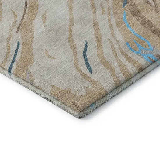 Beige Teal And Brown Abstract Washable Area Rug With UV Protection Photo 7