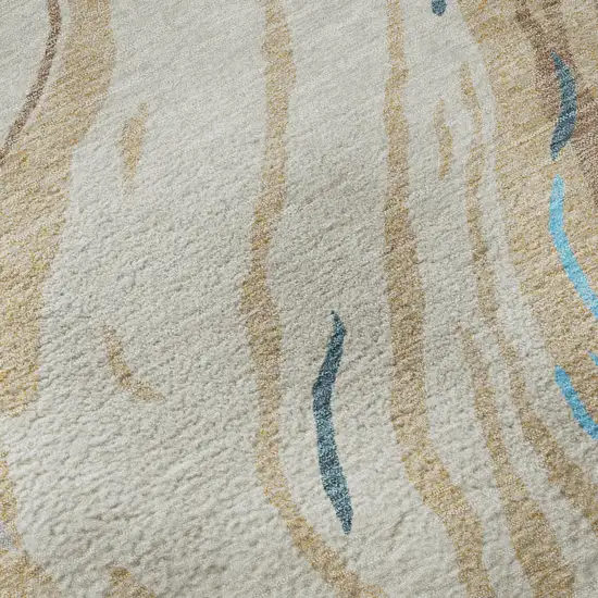 Beige Teal And Brown Abstract Washable Area Rug With UV Protection Photo 9