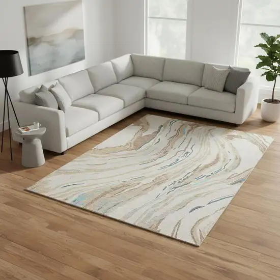 Beige Teal And Brown Abstract Washable Area Rug With UV Protection Photo 2