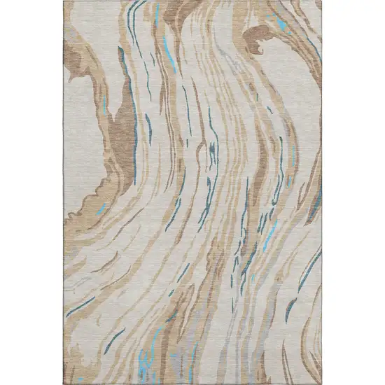 Beige Teal And Brown Abstract Washable Area Rug With UV Protection Photo 1