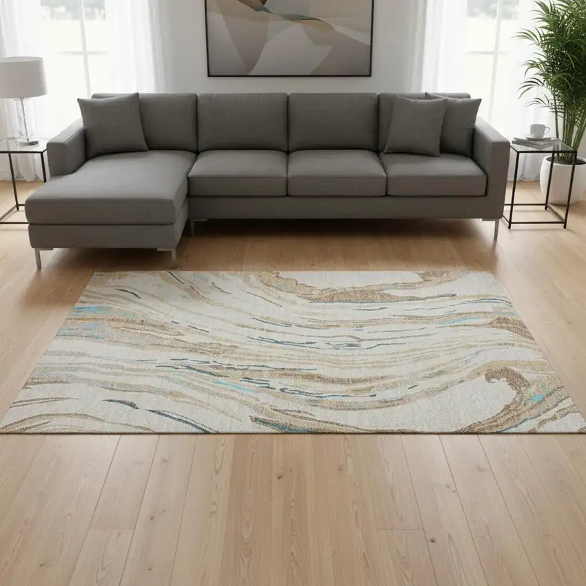 Beige Teal And Brown Abstract Washable Area Rug With UV Protection Photo 2