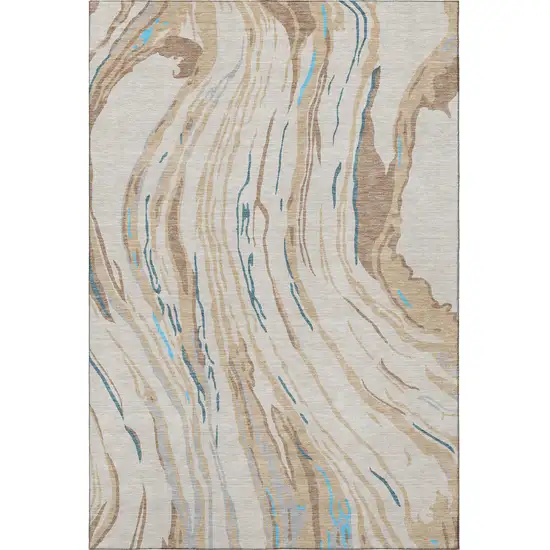 Beige Teal And Brown Abstract Washable Area Rug With UV Protection Photo 3