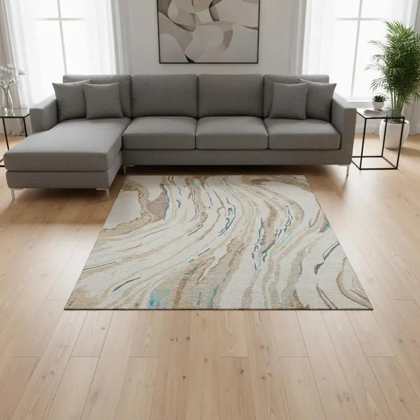 Beige Teal And Brown Abstract Washable Area Rug With UV Protection Photo 2