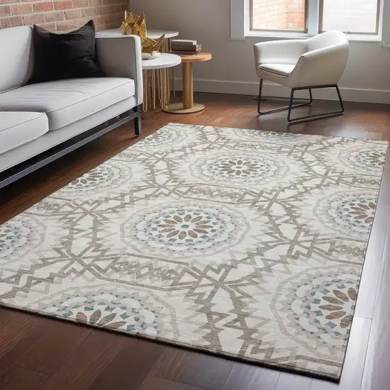 Beige Teal And Brown Geometric Washable Area Rug With UV Protection Photo 5