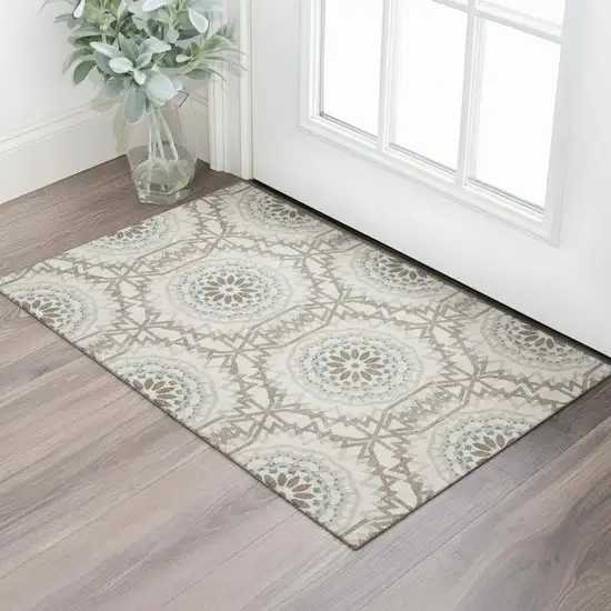Beige Teal And Brown Geometric Washable Area Rug With UV Protection Photo 1