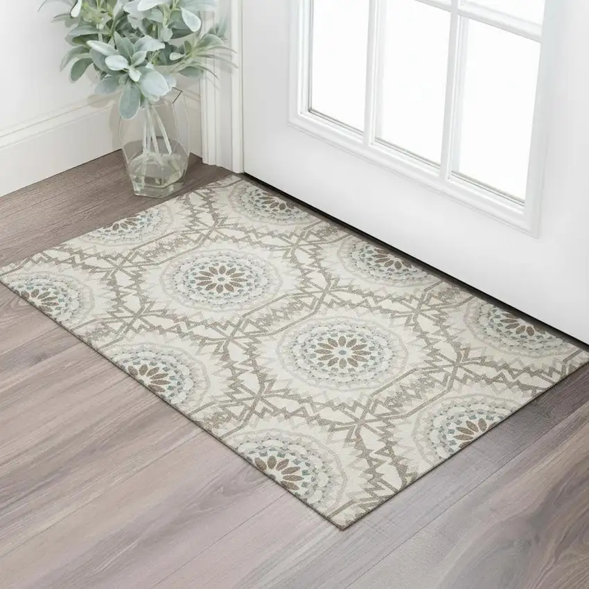 Beige Teal And Brown Geometric Washable Area Rug With UV Protection Photo 1