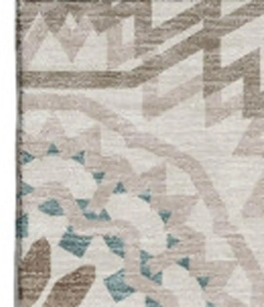 Beige Teal And Brown Geometric Washable Area Rug With UV Protection Photo 4