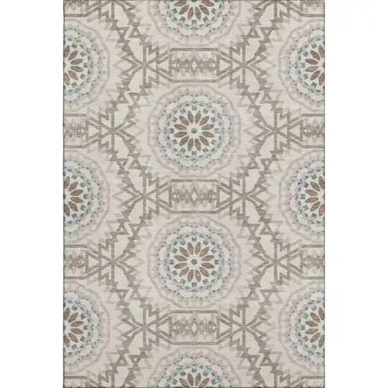 Beige Teal And Brown Geometric Washable Area Rug With UV Protection Photo 1