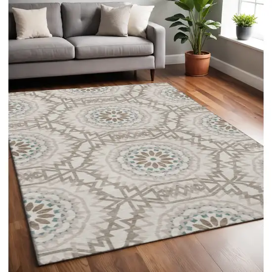 Beige Teal And Brown Geometric Washable Area Rug With UV Protection Photo 2
