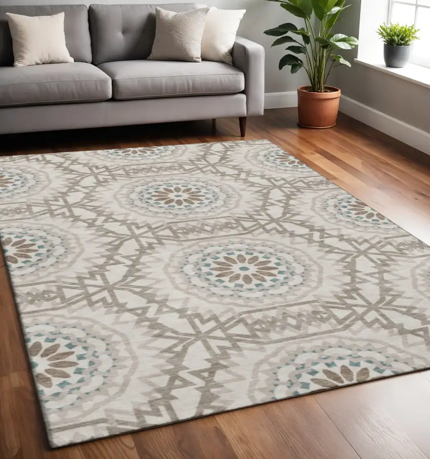 Beige Teal And Brown Geometric Washable Area Rug With UV Protection Photo 2