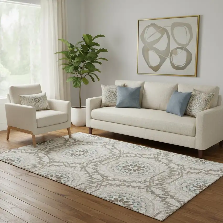 Beige Teal And Brown Geometric Washable Area Rug With UV Protection Photo 1