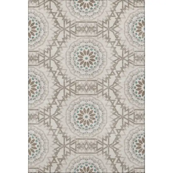 Beige Teal And Brown Geometric Washable Area Rug With UV Protection Photo 4