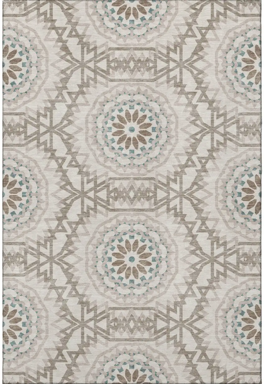 Beige Teal And Brown Geometric Washable Area Rug With UV Protection Photo 4