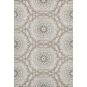 Photo of Beige Teal And Brown Geometric Washable Area Rug With UV Protection
