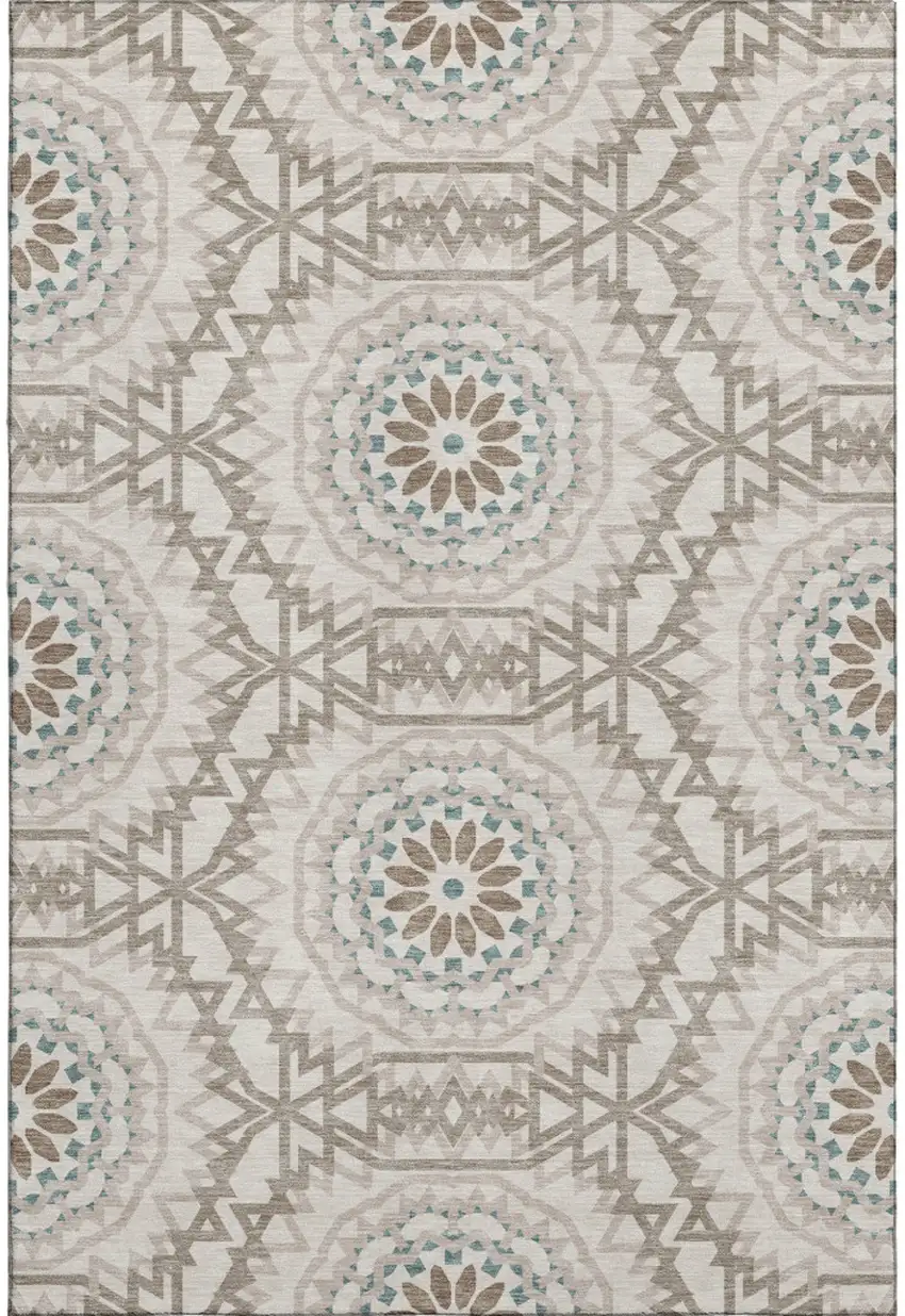 Beige Teal And Brown Geometric Washable Area Rug With UV Protection Photo 1