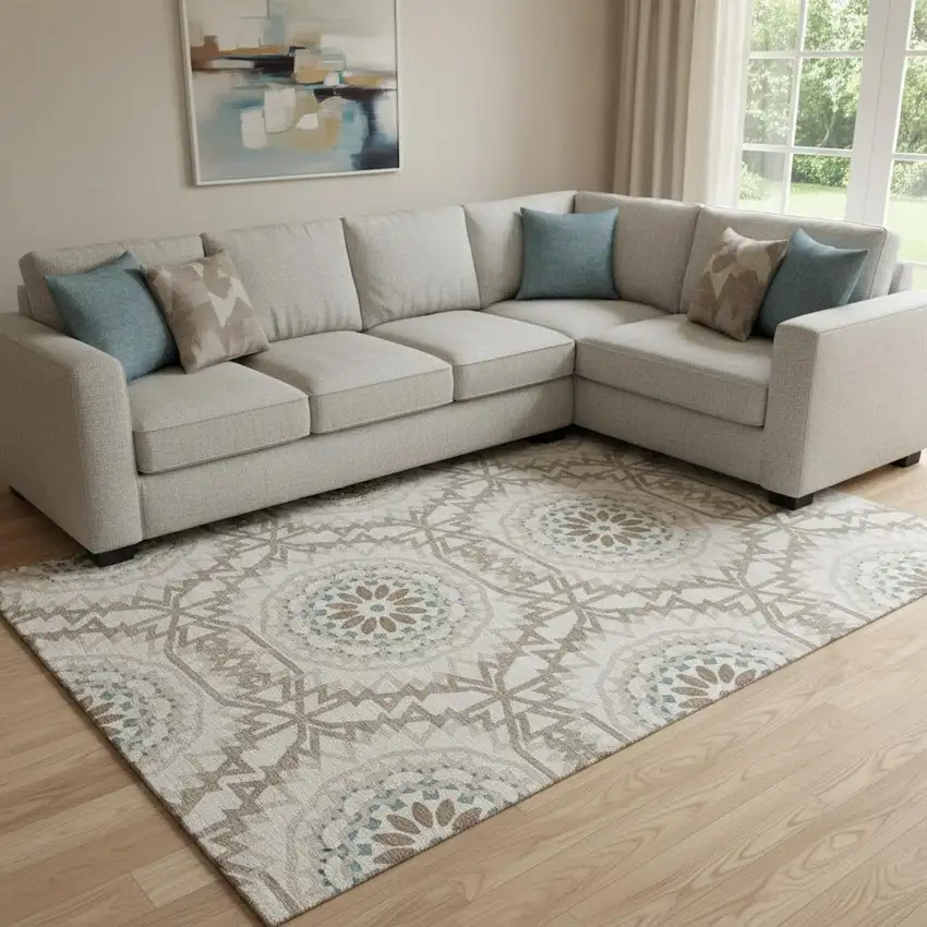 Beige Teal And Brown Geometric Washable Area Rug With UV Protection Photo 1