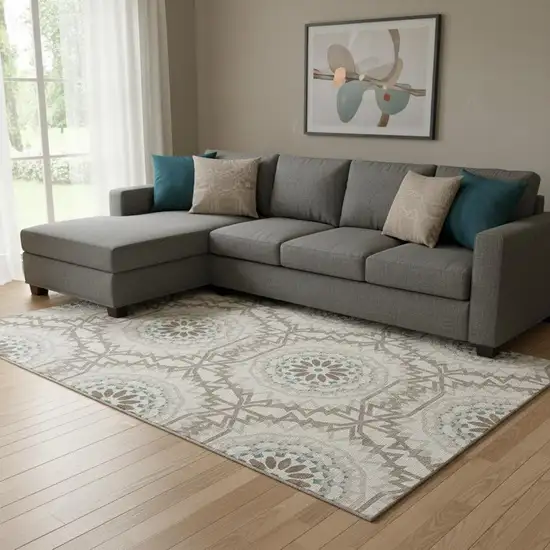 Beige Teal And Brown Geometric Washable Area Rug With UV Protection Photo 1