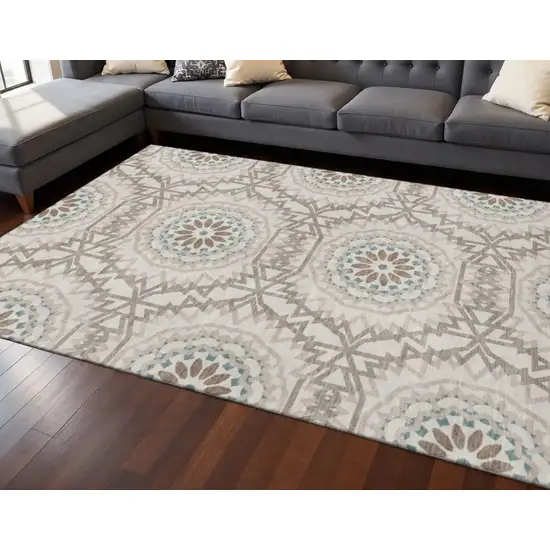 Beige Teal And Brown Geometric Washable Area Rug With UV Protection Photo 2