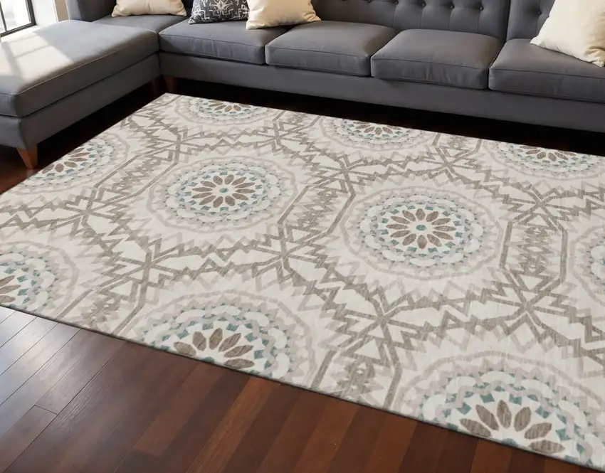 Beige Teal And Brown Geometric Washable Area Rug With UV Protection Photo 2