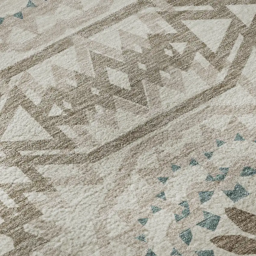 Beige Teal And Brown Geometric Washable Area Rug With UV Protection Photo 9