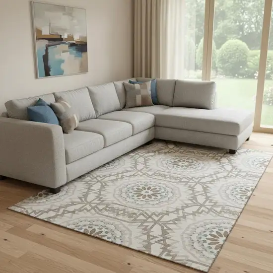 Beige Teal And Brown Geometric Washable Area Rug With UV Protection Photo 1