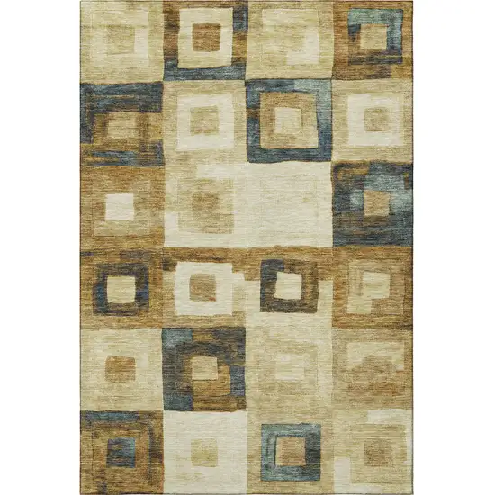 Beige Teal And Gold Geometric Washable Area Rug With UV Protection Photo 3