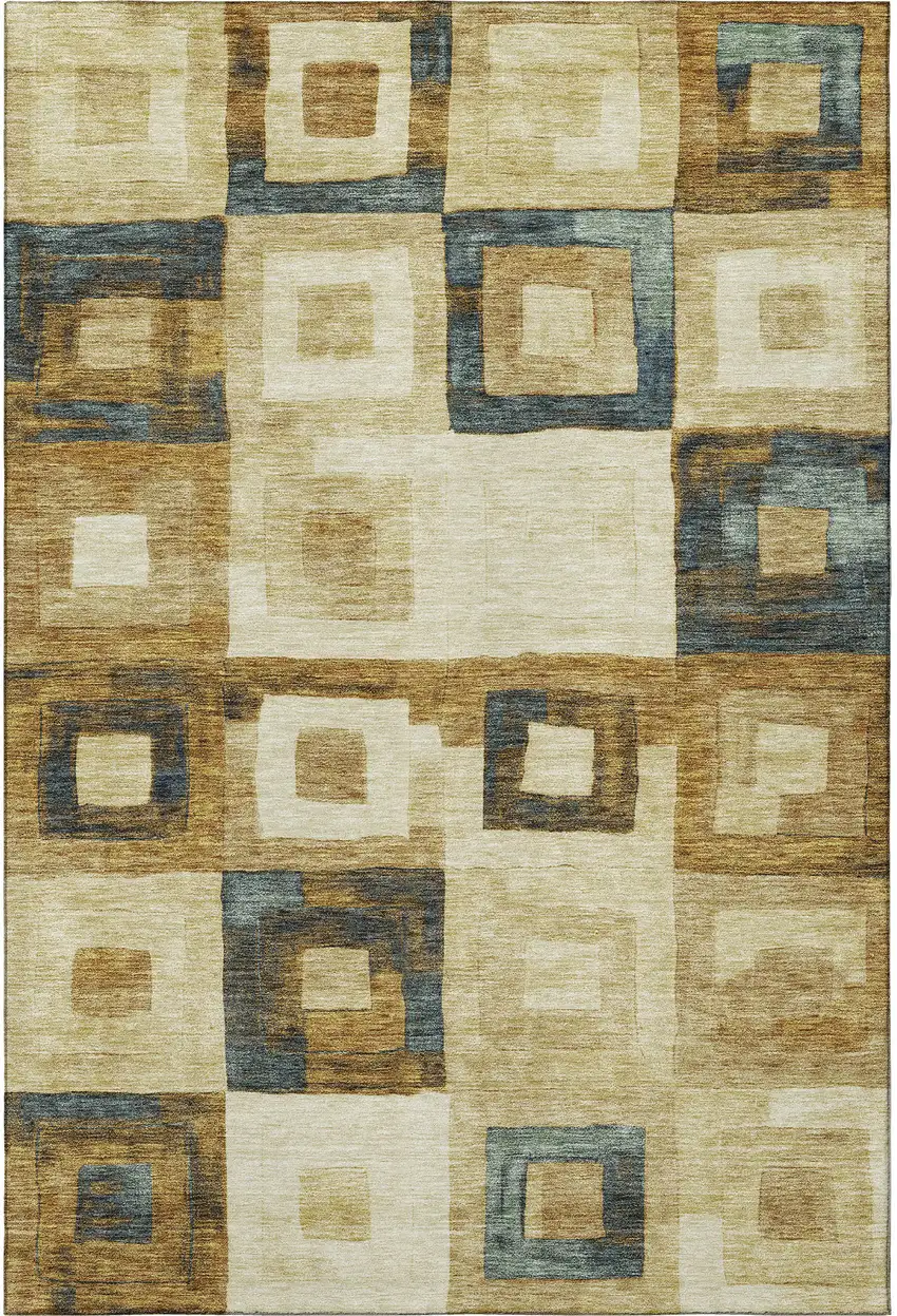 Beige Teal And Gold Geometric Washable Area Rug With UV Protection Photo 3
