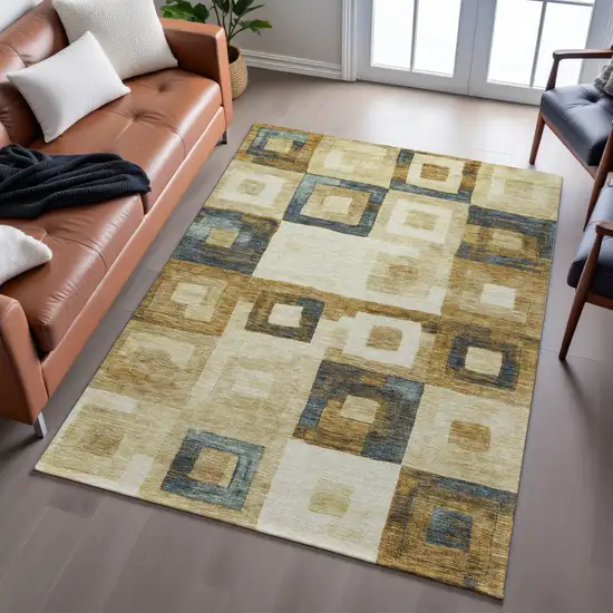 Beige Teal And Gold Geometric Washable Area Rug With UV Protection Photo 5