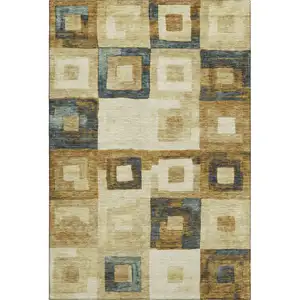 Photo of Beige Teal And Gold Geometric Washable Area Rug With UV Protection